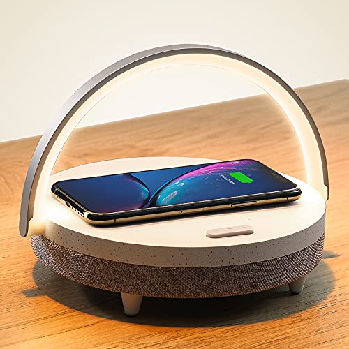 EZVALO Lámpara de Noche, Lampara de Mesa con Carga Inalámbrica, Lámpara de de Mesita Ajustable 3 Modos de Iluminación con Altavoz Bluetooth, Luz Nocturna para Dormitorio Sala de Estar Oficina