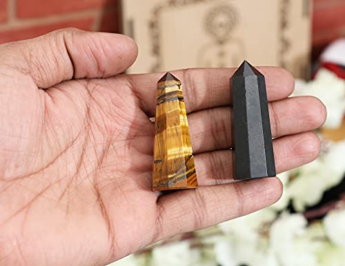 FASHIONZAADI Natural Black Tourmaline and Tiger Eye Gemstone Healing Crystals Single Point Wand Polished Tumbled Stones For Reiki Healing Crystal Wicca Decor & House Decoration Gift Size - 50-55 Mm