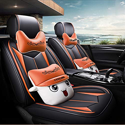 Fundas para Asientos de Automóvil 5 Asientos de Cuero de PU,Fáciles de instalar, Aptos para la Mayoría de Mercedes Benz, Audi, Toyota, Ford, Crysler BMW Honda (Orange,Cartoon Edition)