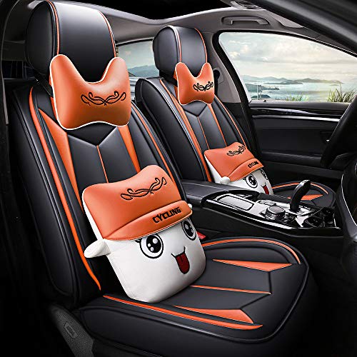 Fundas para Asientos de Automóvil 5 Asientos de Cuero de PU,Fáciles de instalar, Aptos para la Mayoría de Mercedes Benz, Audi, Toyota, Ford, Crysler BMW Honda (Orange,Cartoon Edition)