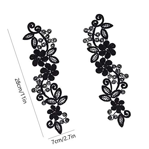 GORGECRAFT 2 pares de encaje con apliques de flores bordadas de encaje negro para manualidades, traje de costura (11 x 2.7 ~ 3 pulgadas)