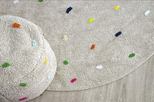 Happy Decor Kids - Alfombra Lavable Mini Dots Hecha a Mano, Alfombra Elaborada en Algodón Reciclado - Pelo Corto - Color Beige Puntos Multicolor- 120Ø