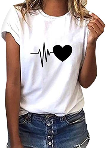 heekpek Camisetas Mujer Verano Manga Corta Casual Camiseta Holgada con Estampado de Amor y Labios T-Shirt Mujer Short Sleeve Shirt, Blanco, L