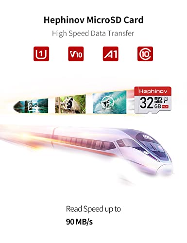 Hephinov Tarjeta Micro SD hasta 90 MB/Sec, 32GB Tarjeta de Memoria microSDHC con Adaptador SD (A1, U3, C10, V10, Full HD), Tarjeta TF para Móvil, Cámara Deportiva, Switch, Gopro, Tableta, Dron