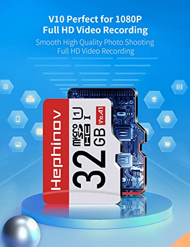 Hephinov Tarjeta Micro SD hasta 90 MB/Sec, 32GB Tarjeta de Memoria microSDHC con Adaptador SD (A1, U3, C10, V10, Full HD), Tarjeta TF para Móvil, Cámara Deportiva, Switch, Gopro, Tableta, Dron