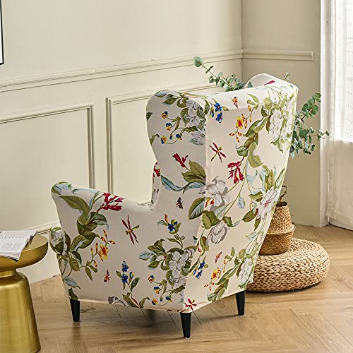 Highdi Funda de Sillón de Orejas Elástica para Strandmon, Funda de Sofá Relax 2 Piezas con Funda de Cojín, Fundas Protector de Butaca para Dormitorio, Recepción, Club (Flor y Hoja)