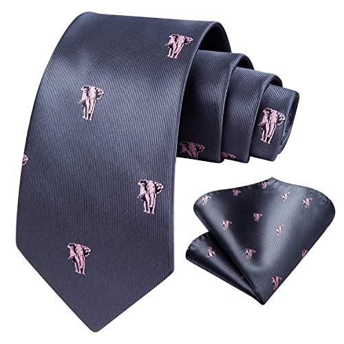 HISDERN Corbatas de Hombre rosa gris con Motivo elefante Modernas Boda Corbata y Pañuelo Conjunto Elegante de Business Partido