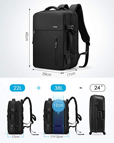 HOMIEE 38L Mochila de Viaje, 15.6 Pulgadas Mochila de Negocios Expandible, Mochila para Portátil, Cabina Mochila de Equipaje de Mano Antirrobo e Impermeable para Hombres y Mujere, Negro