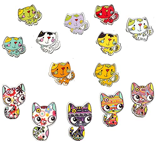 Hrbtag Botones Madera Infantiles, 100 Piezas Botones de Colores Pequeños Botones Animales Botones de Gatos para coser manualidades DIY Proyecto Hecho a Mano Botón Manual Pintura Decoraciones,21-26 mm