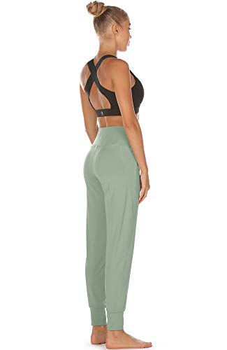 icyzone Pantalones Largos de Deporte para Mujer, con Bolsillos Laterales, Cintura Alta, para Correr, Fitness(XL,Cicuta)