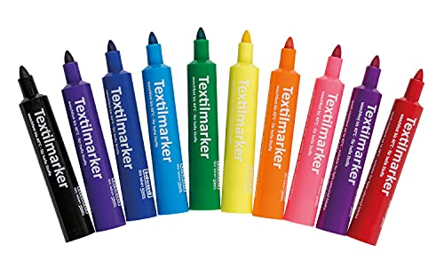Idena 60035 - Marcador textil para tejidos ligeros, 10 marcadores textiles en colores vivos, optimo para camisetas, bolsas de tela, para materiales diversos