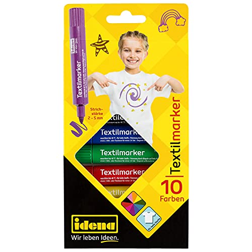 Idena 60035 - Marcador textil para tejidos ligeros, 10 marcadores textiles en colores vivos, optimo para camisetas, bolsas de tela, para materiales diversos