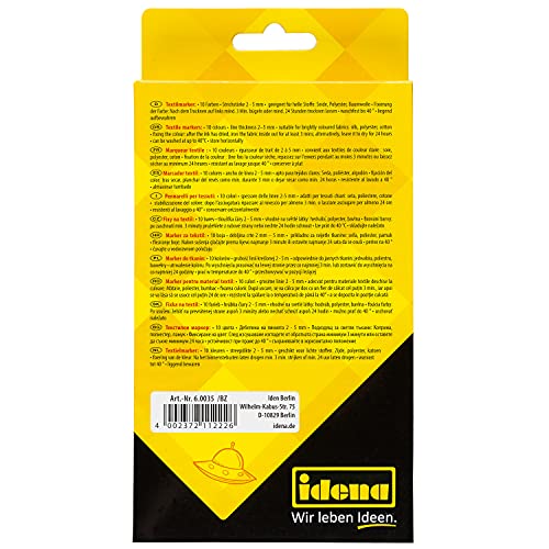 Idena 60035 - Marcador textil para tejidos ligeros, 10 marcadores textiles en colores vivos, optimo para camisetas, bolsas de tela, para materiales diversos
