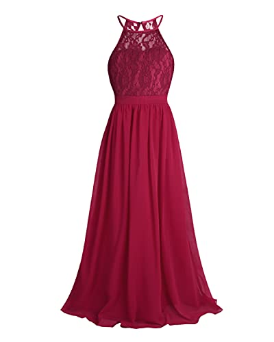 IEFIEL Vestido Largo de Fiesta para Niña Vestido Elegante de Dama de Honor de Boda Vestido Princesa Cuello Halter de Cumpleaños Ceremonia Gala Vino A 14 años