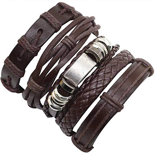 ILSXV 5-6 Unids/Set Femme Homme Femenino Cuff Wrap Búho Encanto Cruz Negro Marrón Pulseras De Cuero Genuino para La Joyería