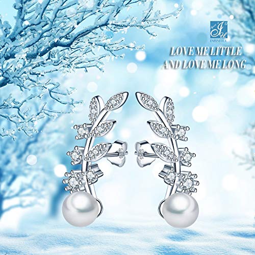 Infinito U- Pendientes Trepadores de Plata 925 Forma de Hoja Brillante con 6 mm Perla Studs para Mujeres Chicas