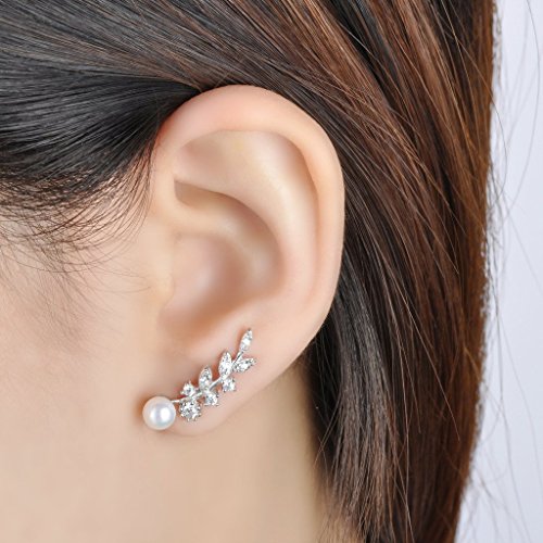 Infinito U- Pendientes Trepadores de Plata 925 Forma de Hoja Brillante con 6 mm Perla Studs para Mujeres Chicas