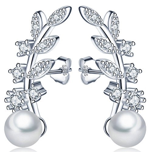 Infinito U- Pendientes Trepadores de Plata 925 Forma de Hoja Brillante con 6 mm Perla Studs para Mujeres Chicas