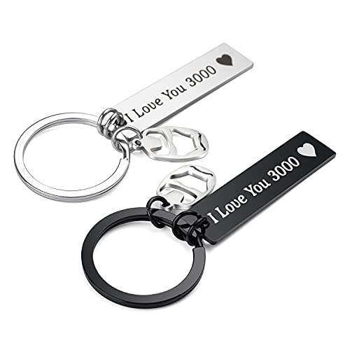 Juego de 2 llaveros con letra grabada I Love You 3000 para hombres mujeres niños niñas, llavero con colgante de calavera de acero inoxidable, regalo para pareja, pareja cumpleaños BFF