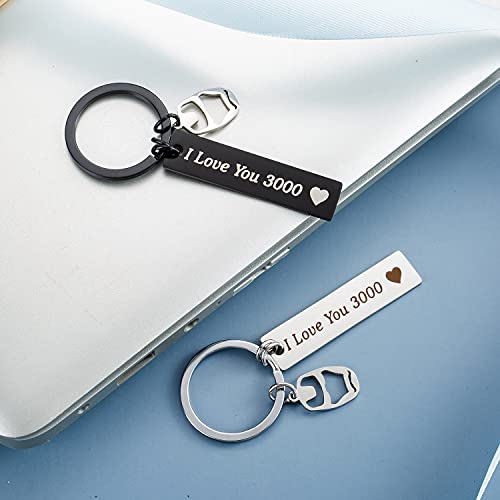 Juego de 2 llaveros con letra grabada I Love You 3000 para hombres mujeres niños niñas, llavero con colgante de calavera de acero inoxidable, regalo para pareja, pareja cumpleaños BFF