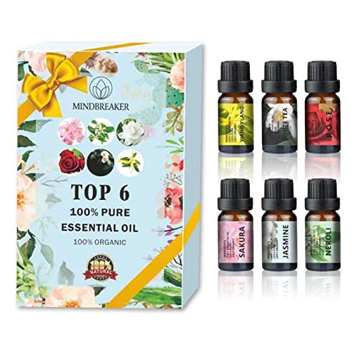 Juego de Aceites Esenciales Florales, Aceites Perfumados de Aromaterapia Orgánica Top 6 Aceites Esenciales Terapéuticos de Grado Premium 100% Puros - Juego de Regalo Botellas de 6 / 10ml