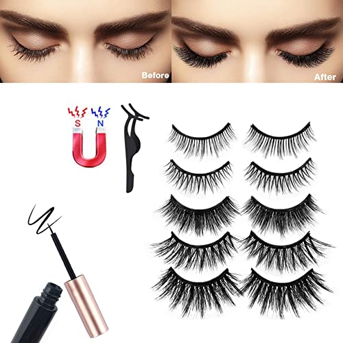 Kafeiya PestañAs MagnéTicas,Pestañas Postizas Naturales 3D,5 Pares Pestañas Magneticas Kit,con 2 con Delineador de Ojos y Pinzas,Aspecto Natural y Larga Duración,Reutilizables