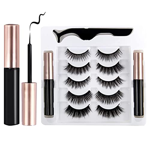 Kafeiya PestañAs MagnéTicas,Pestañas Postizas Naturales 3D,5 Pares Pestañas Magneticas Kit,con 2 con Delineador de Ojos y Pinzas,Aspecto Natural y Larga Duración,Reutilizables
