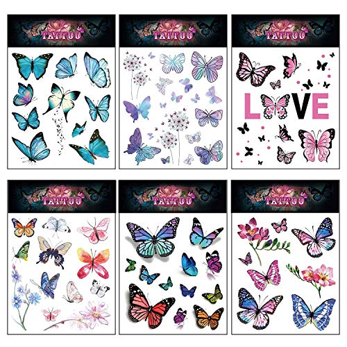 Keleily Tatuajes Temporales de Mariposa 16 Hojas Tatuajes Falsos Temporales para Adultos Body Art Tattoo Stickers para Mujeres, Niñas, Brazos, Piernas, Espalda, Colores