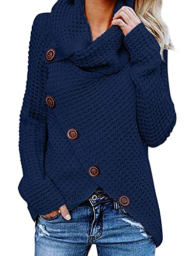 kenoce Jersey Mujer Jersey de Cuello Alto Mujer Jersey Grueso Pullover Jersey Jersey Dobladillo Asimétrico D-Azul L