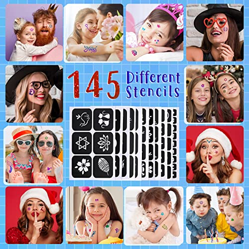 Kit de Tatuajes Temporales-30 Colores Tatuaje Purpurina,145 Únicas Plantillas,Impermeable Tatuajes Temporales,Perfecto para Carnaval,Fiestas Cumpleaños,Día del Niño,Regalos para Niños, Niñas