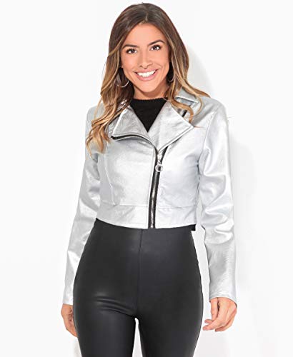 KRISP Chaqueta Mujer Biker Tacto Cuero Moda Barata, Plateado, L, 5027-SIL-L