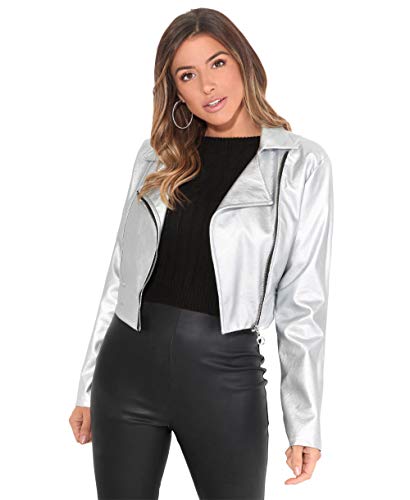 KRISP Chaqueta Mujer Biker Tacto Cuero Moda Barata, Plateado, L, 5027-SIL-L