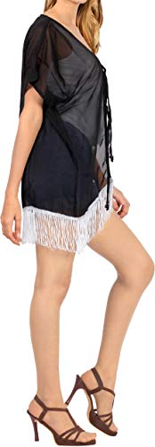 LA LEELA Cosplay Disfraces De Fiesta De Halloween Mujeres de Gasa Praia de Encaje Corto Kimono Cardigan Ganchillo de La Vendimia Borlas Mini Vestido Exóticas Protector Solar Ropa de Playa Negro_T186