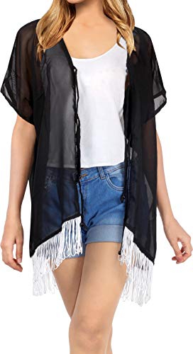 LA LEELA Cosplay Disfraces De Fiesta De Halloween Mujeres de Gasa Praia de Encaje Corto Kimono Cardigan Ganchillo de La Vendimia Borlas Mini Vestido Exóticas Protector Solar Ropa de Playa Negro_T186