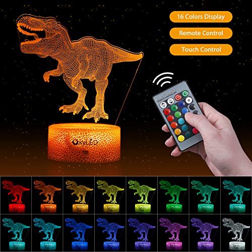 Lámpara de dinosaurio OxyLED. Luz nocturna con 5 formas diferentes en 3D 7 patrones y 16 colores Lámpara decorativa regulable con sensor táctil y control remoto Ideal para habitaciones