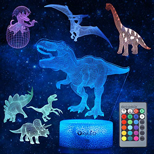 Lámpara de dinosaurio OxyLED. Luz nocturna con 5 formas diferentes en 3D 7 patrones y 16 colores Lámpara decorativa regulable con sensor táctil y control remoto Ideal para habitaciones