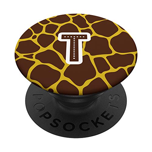 Letter T Jirafa marrón amarillo con impresión animal, monograma PopSockets PopGrip Intercambiable