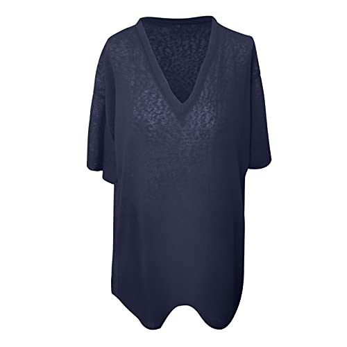 Liably Camiseta de verano para mujer, talla grande, color caramelo, suelta, de manga corta, cuello en V, multicolor, elegante, talla grande, monocromática marine XXXL