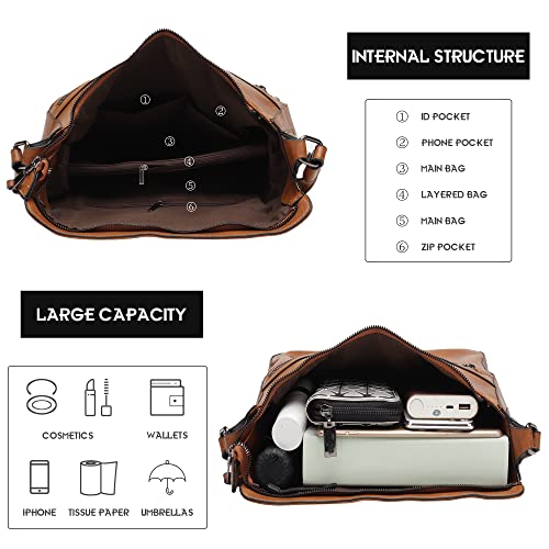Lifetooler Set Bolsos Mujer Grande PU Cuero De Hombro Bolsos Tote Monedero Hobo Bolsos Regalos Para Mujer (X-Marrón claro)