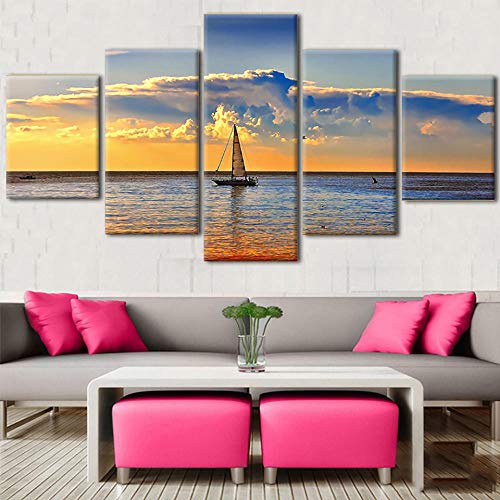 LIUWW Cuadro de Arte decoración para el hogar Marco de póster 5 Piezas Brisa Marina velero Pared Moderna Sala HD Pintura de impresión