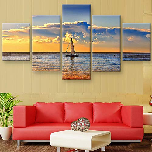 LIUWW Cuadro de Arte decoración para el hogar Marco de póster 5 Piezas Brisa Marina velero Pared Moderna Sala HD Pintura de impresión