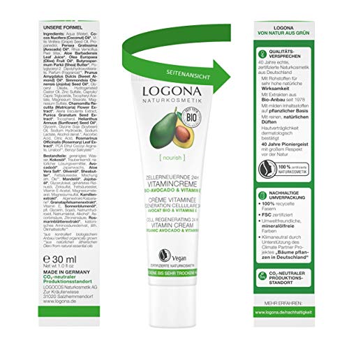 LOGONA Naturkosmetik Zellerneuernde 24h Vitamincreme, protege la piel antes Umweltstress, promueve la renovación celular, vegano, 30 ml