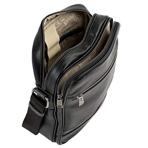 Lois - Bolso Hombre Bandolera Pequeña de Piel PU - Bolso de Hombro de Marca LOIS con Cremallera para Uso Casual, Trabajo y Viaje Diseñado en España 310226, Color Negro