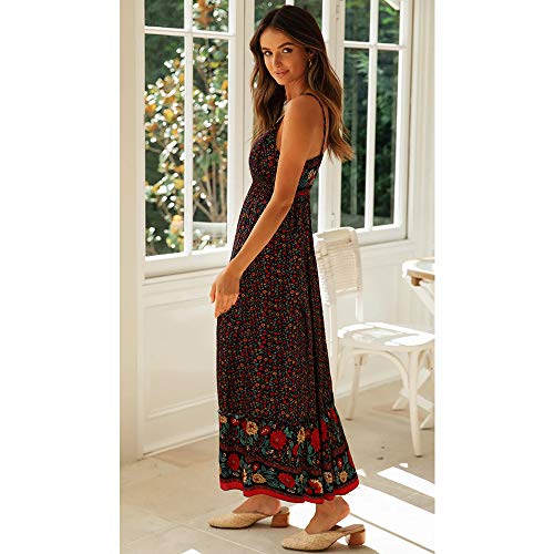 Longwu Vestido Maxi de Verano con Cuello en V Floral Sexy Boho de Las Mujeres Correa de Espagueti Ajustable sin Respaldo Cintura elástica Vestido de Verano Negro-S