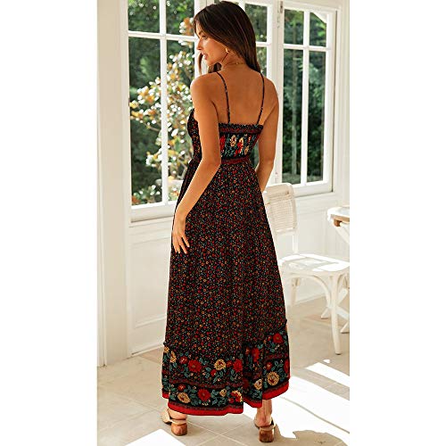 Longwu Vestido Maxi de Verano con Cuello en V Floral Sexy Boho de Las Mujeres Correa de Espagueti Ajustable sin Respaldo Cintura elástica Vestido de Verano Negro-S