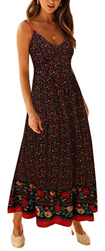 Longwu Vestido Maxi de Verano con Cuello en V Floral Sexy Boho de Las Mujeres Correa de Espagueti Ajustable sin Respaldo Cintura elástica Vestido de Verano Negro-S