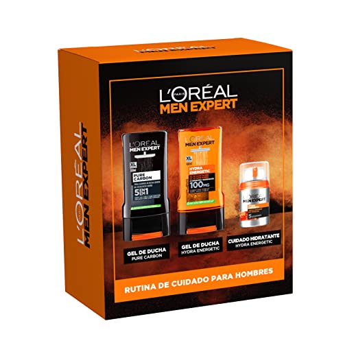 L'Oréal Men Expert Pack, Rutina Antifatiga para Hombre con Crema Hidratante Anti-Fatiga 24H Hydra Energetic y Gel de Ducha Taurina Hydra Energetic y Gel de Ducha Carbón Multiacción 5en1