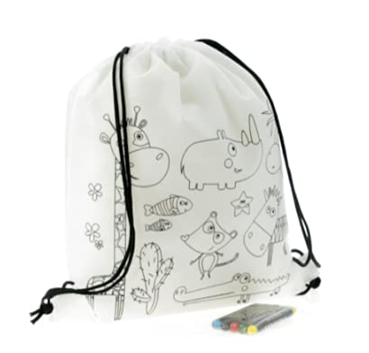 Lote-Pack Mochilas/Bolsas de Animales para Colorear con 5 ceras de colores incluidas. Regalos Cumpleaños Niños. Detalles eventos Bodas Bautizos Comuniones. Regalos Promocionales (25)