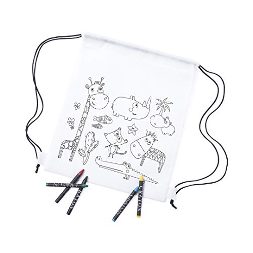Lote-Pack Mochilas/Bolsas de Animales para Colorear con 5 ceras de colores incluidas. Regalos Cumpleaños Niños. Detalles eventos Bodas Bautizos Comuniones. Regalos Promocionales (25)