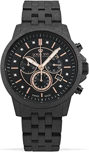 LOUIS XVI Aramis 1058 - Reloj de pulsera para hombre con correa de acero esmerilado y diamantes auténticos, cronógrafo, analógico, de cuarzo, acero inoxidable